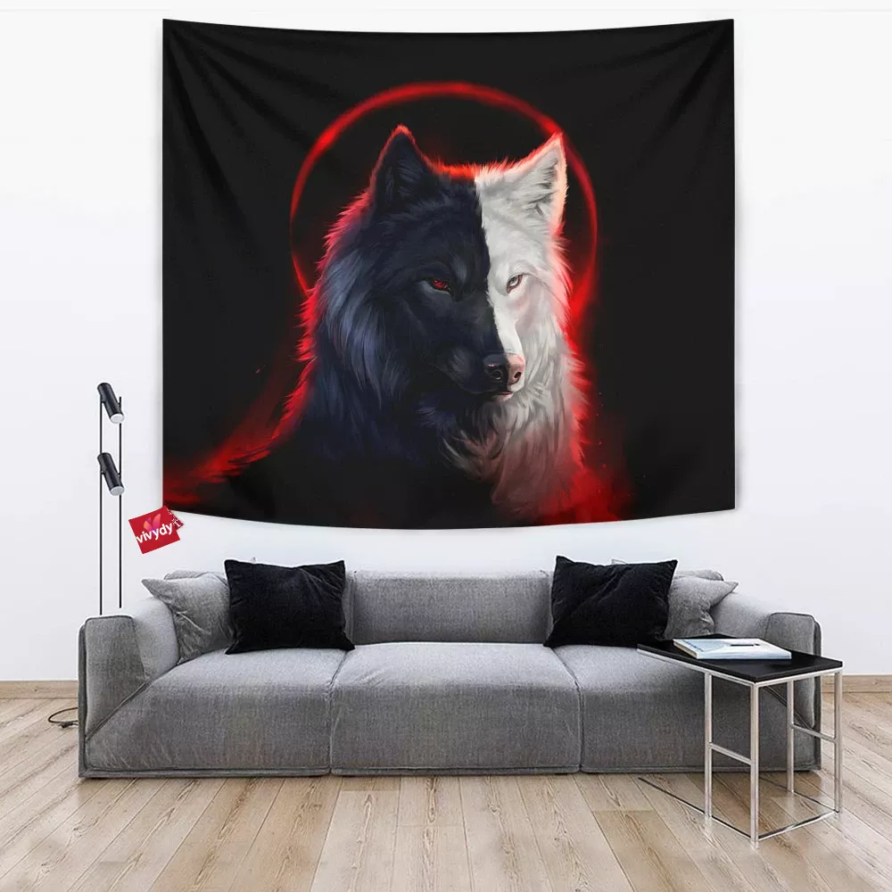 Black And White Wolf Tapestry