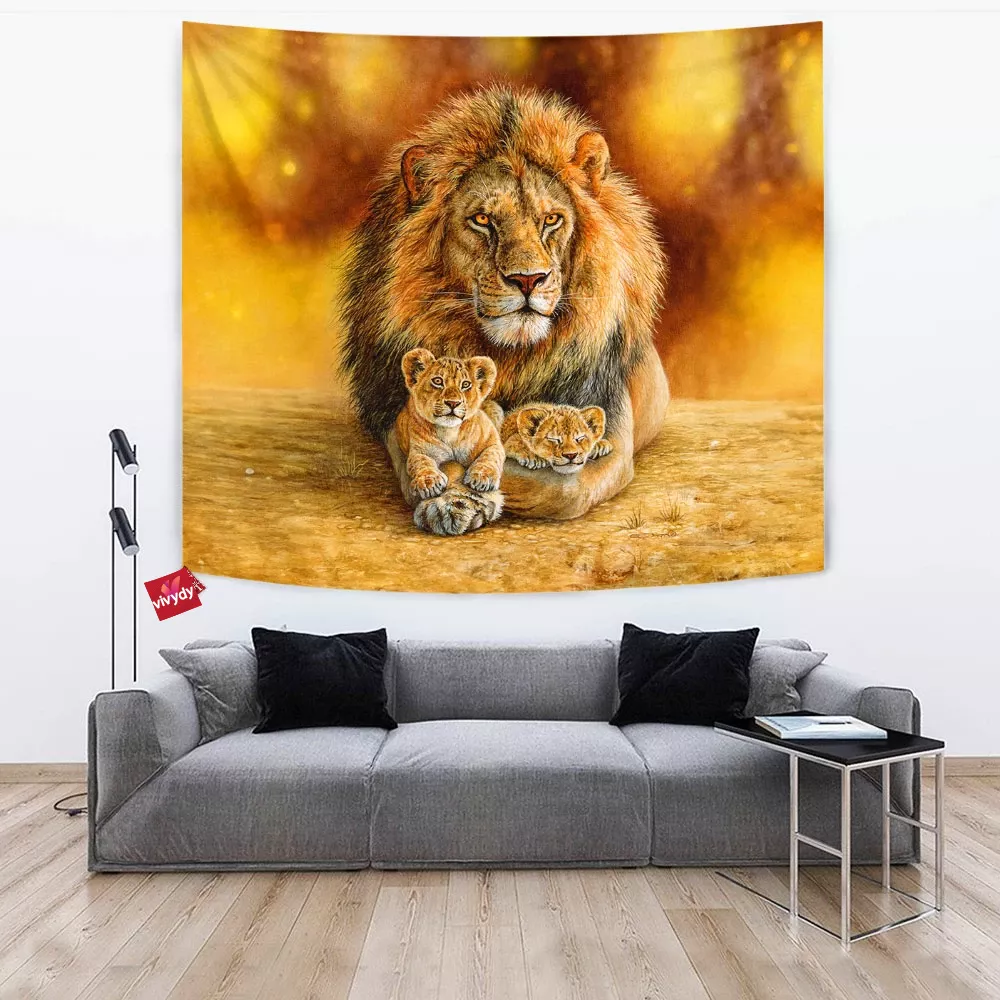 Lion Dad With Two Cubs Tapestry