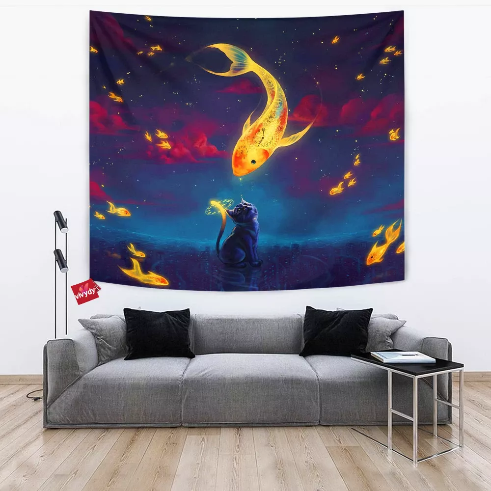 Moon Fish Cat Tapestry