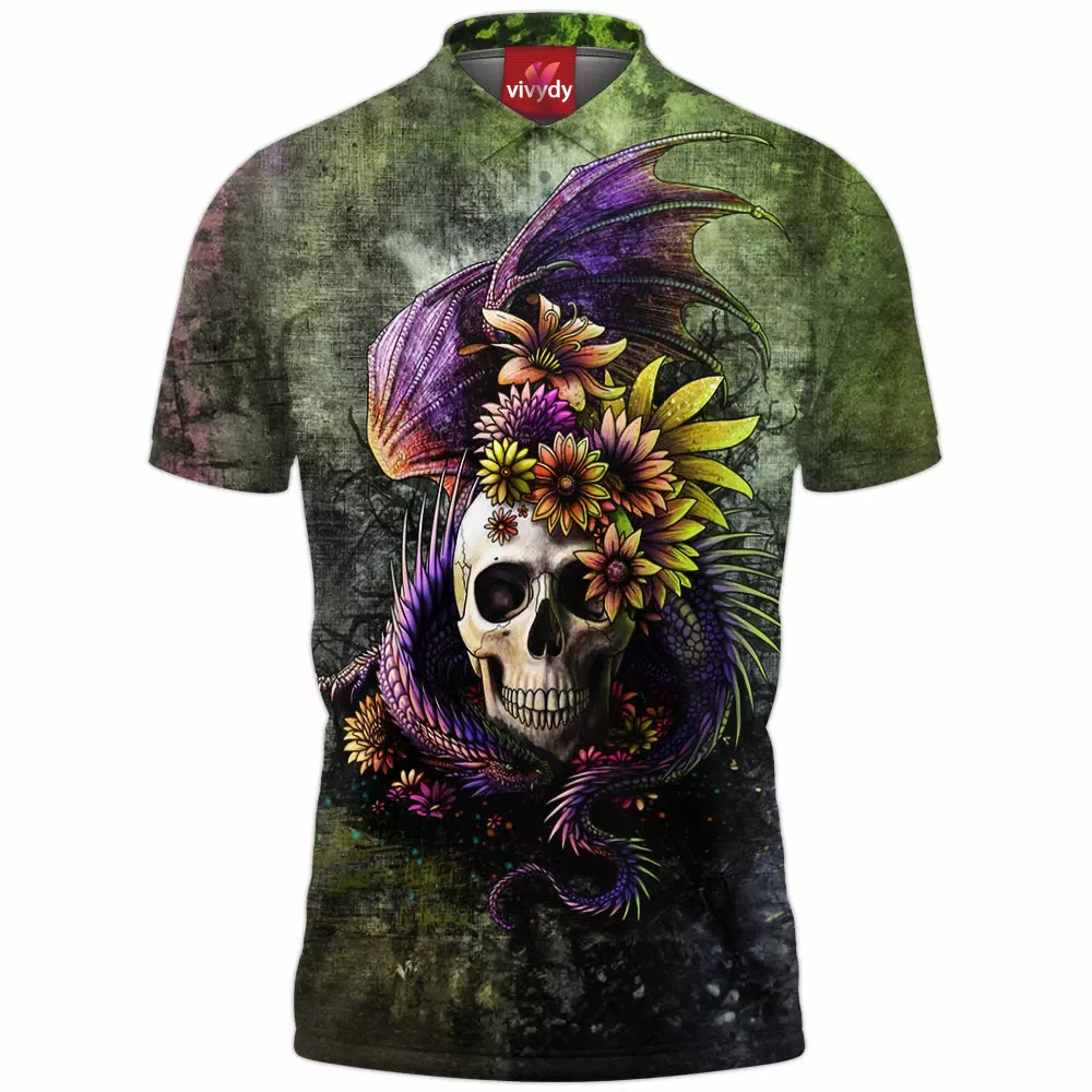 Dragon And Flowery Skull Polo Shirt