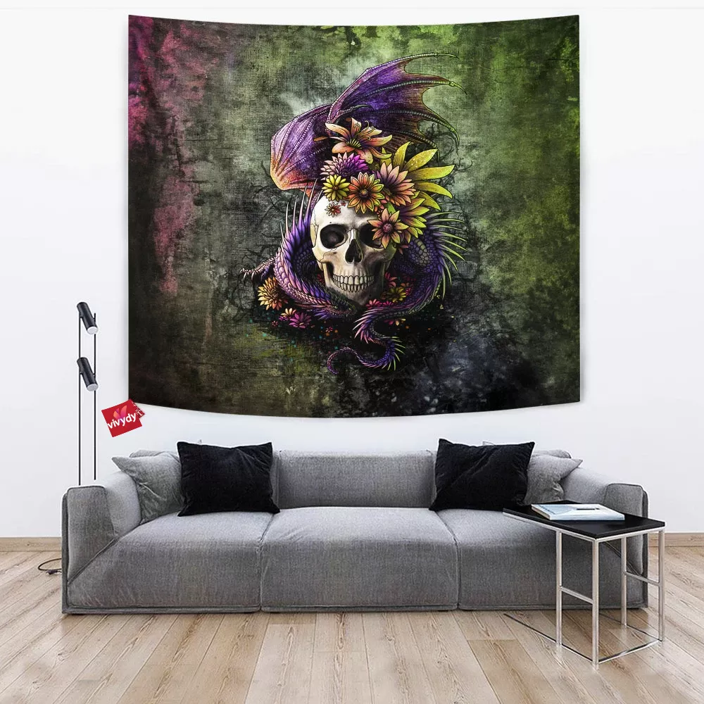 Dragon And Flowery Skull Tapestry