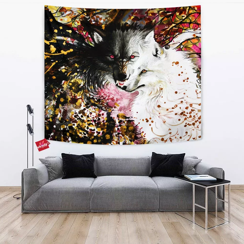 Black And White Wolf Tapestry