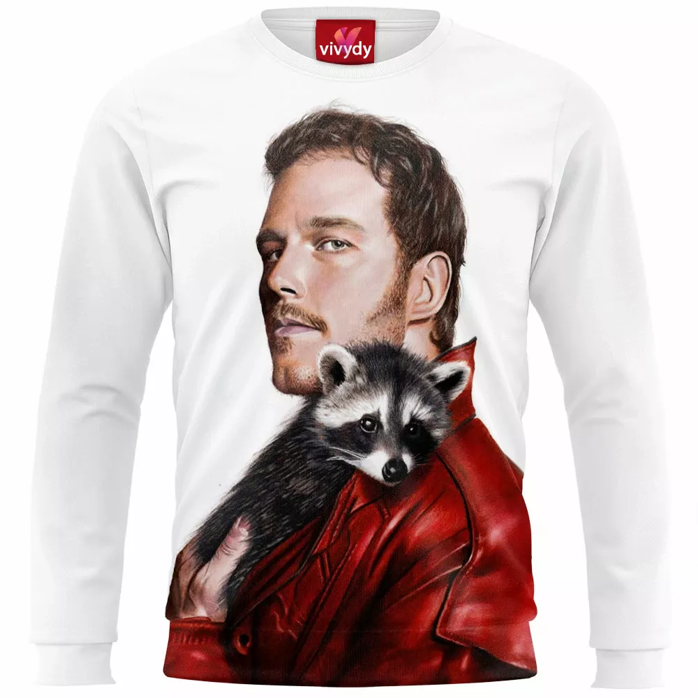 Chris Pratt as Star-Lord with raccoon Sweatshirt