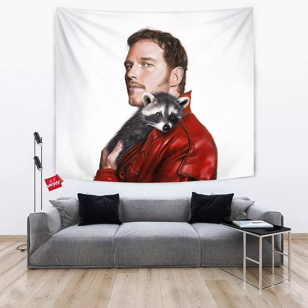 Chris Pratt as Star-Lord with raccoon Tapestry