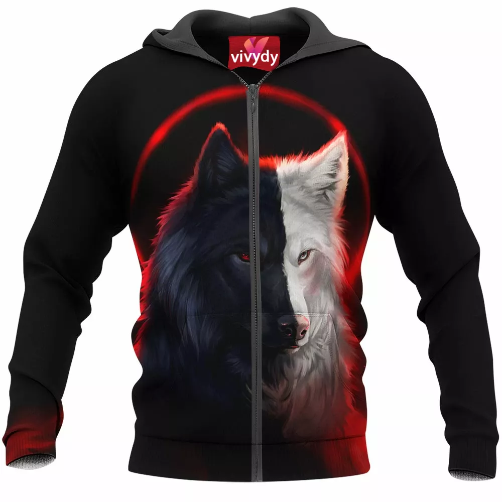 Black And White Wolf Zip Hoodie