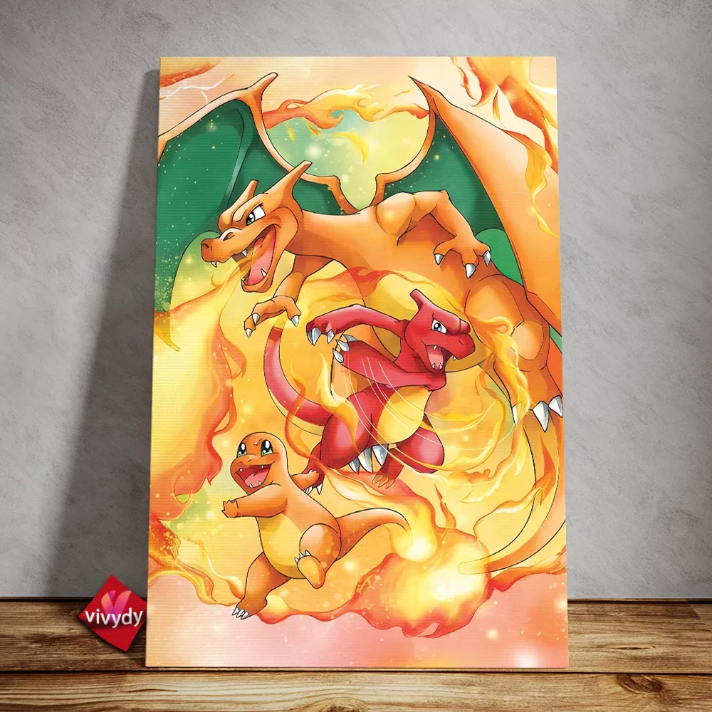 Pokemon Hitokage x Lizardo x Lizardon Canvas Wall Art