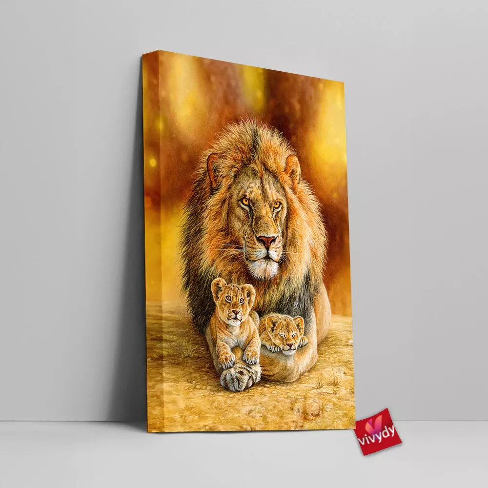 Lion Dad With Two Cubs Canvas Wall Art