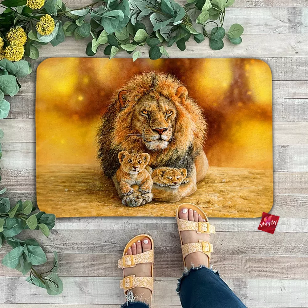 Lion Dad With Two Cubs Doormat