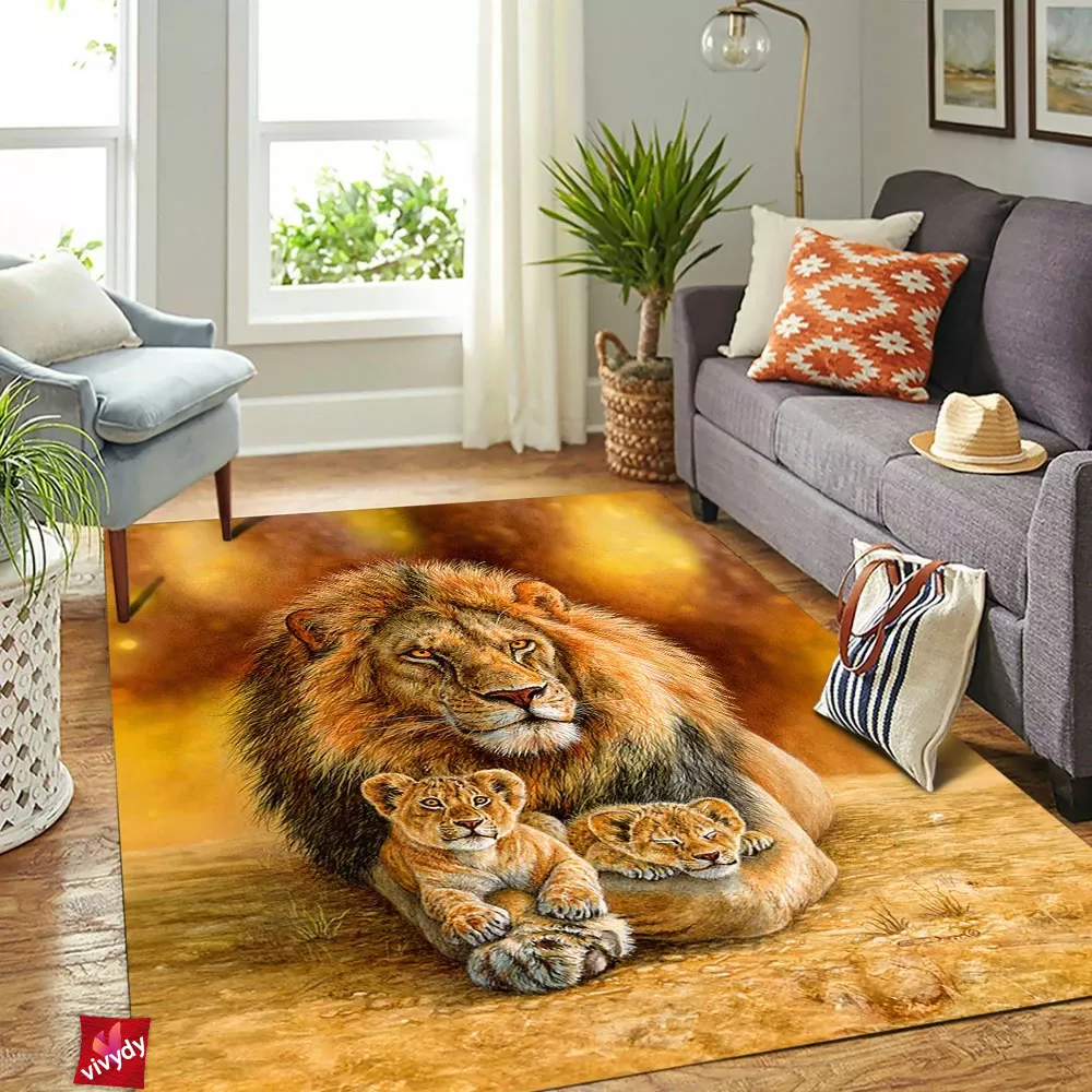 Lion Dad With Two Cubs Rectangle Rug