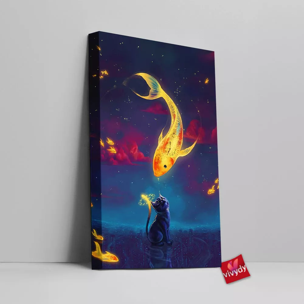 Moon Fish Cat Canvas Wall Art