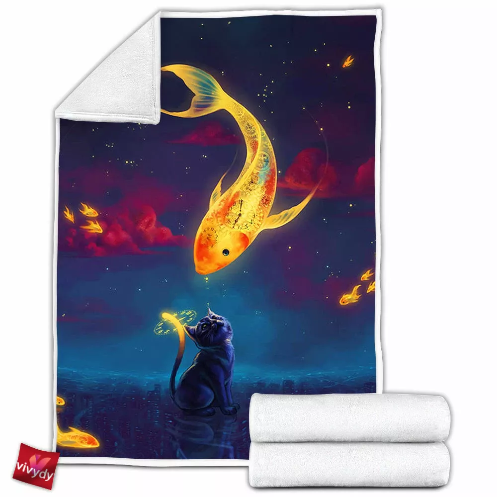 Moon Fish Cat Fleece Blanket