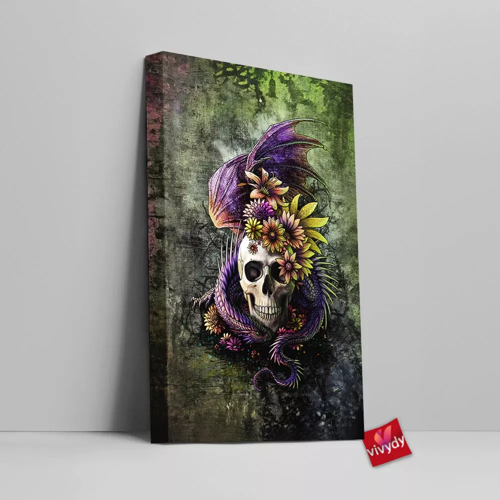 Dragon And Flowery Skull Canvas Wall Art