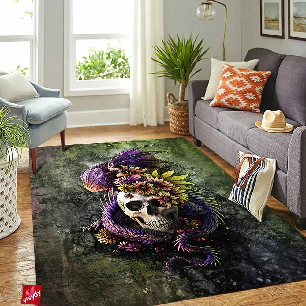 Dragon And Flowery Skull Rectangle Rug