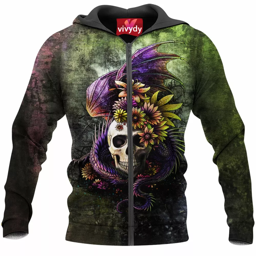 Dragon And Flowery Skull Zip Hoodie