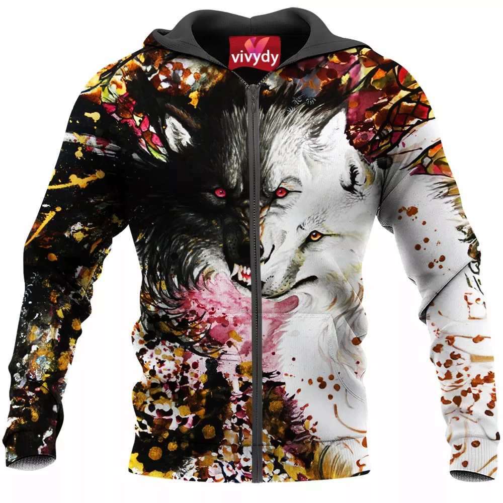 Black And White Wolf Zip Hoodie