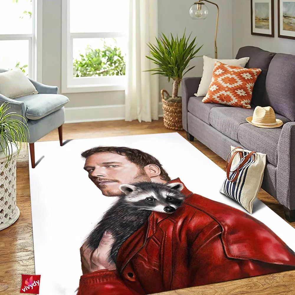 Chris Pratt as Star-Lord with raccoon Rectangle Rug